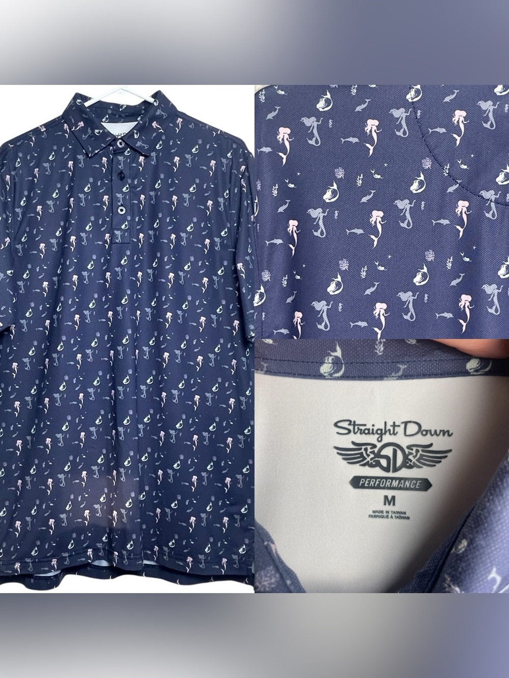 Straight Down Polo Shirt Mens Blue Golf Performance Mermaids Casual Stretch Sz M